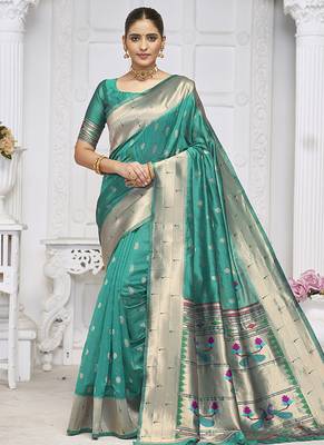 Turquoise paithani silk blend saree with gold zari border & peacock pallu 1