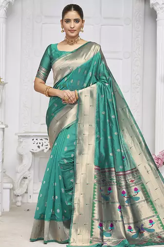 Turquoise paithani silk blend saree with gold zari border & peacock pallu