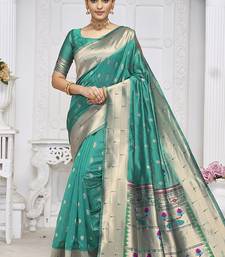 Turquoise paithani silk blend saree with gold zari border & peacock pallu