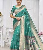 Turquoise paithani silk blend saree with gold zari border & peacock pallu