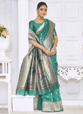 Turquoise paithani silk blend saree with gold zari border & peacock pallu 2