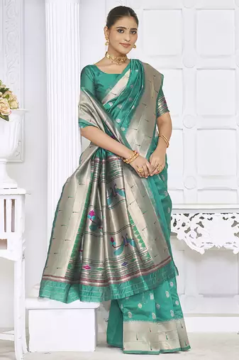 Turquoise paithani silk blend saree with gold zari border & peacock pallu
