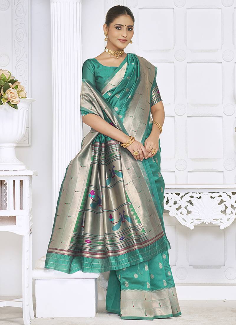 Turquoise paithani silk blend saree with gold zari border & peacock pallu