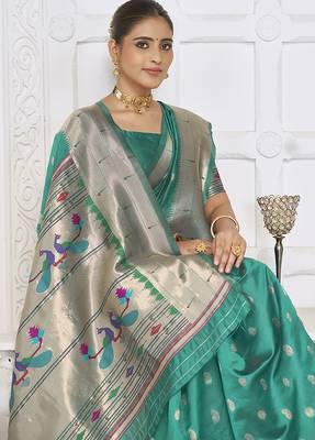 Turquoise paithani silk blend saree with gold zari border & peacock pallu 3