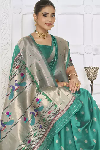 Turquoise paithani silk blend saree with gold zari border & peacock pallu