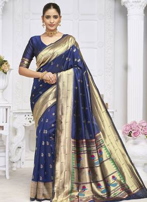 Navy blue paithani silk blend saree with gold zari border & peacock pallu 1