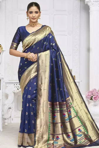 Navy blue paithani silk blend saree with gold zari border & peacock pallu