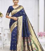Navy blue paithani silk blend saree with gold zari border & peacock pallu