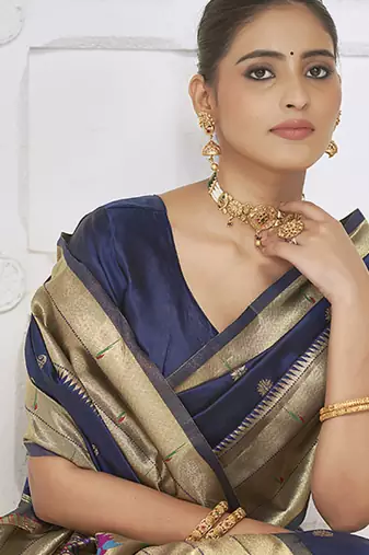 Navy blue paithani silk blend saree with gold zari border & peacock pallu