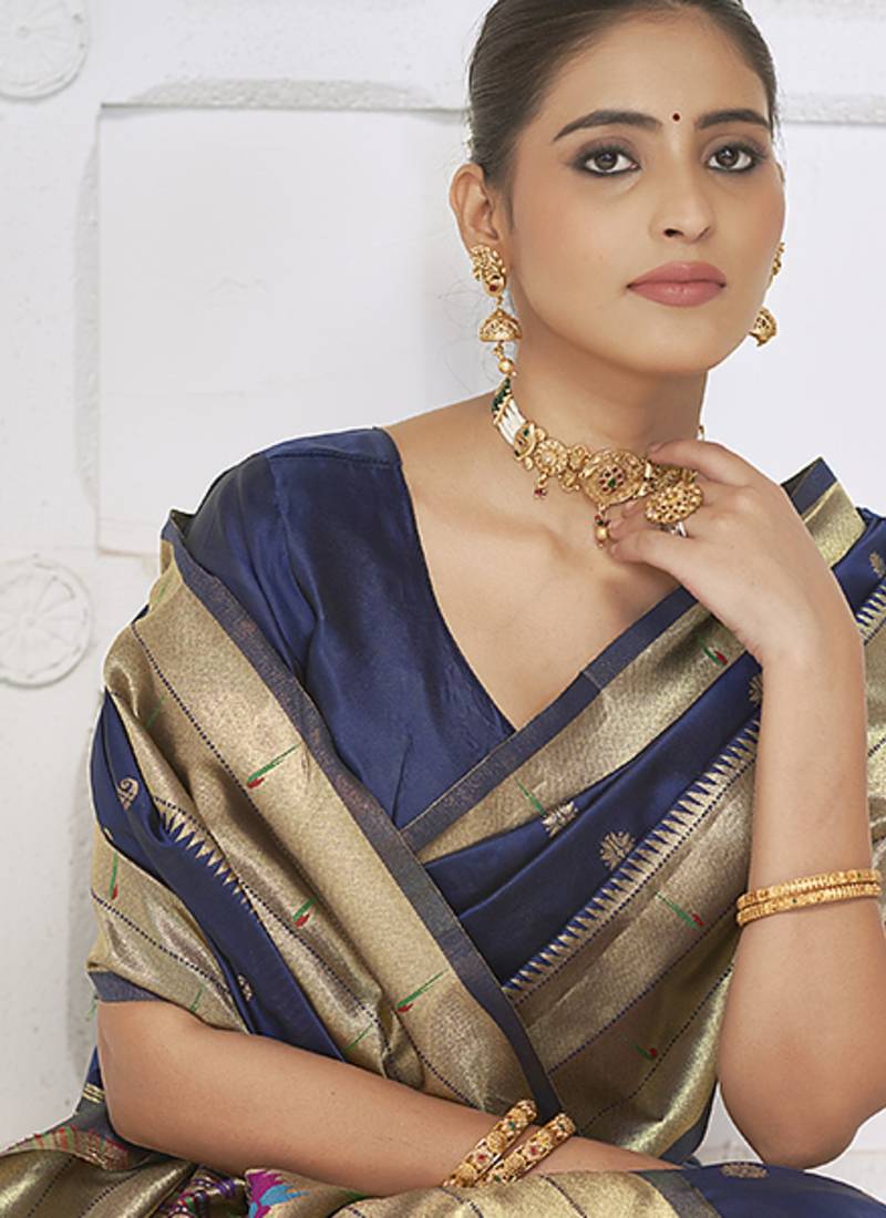 Navy blue paithani silk blend saree with gold zari border & peacock pallu