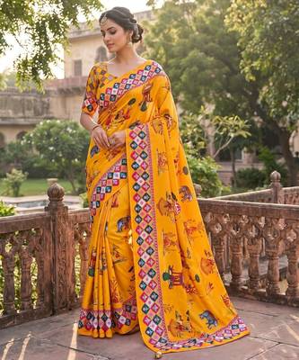 Mustard Color Printed And Latkan Work Silk Blend Saree 1