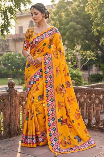 Mustard Color Printed And Latkan Work Silk Blend Saree