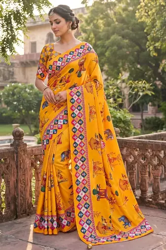 Mustard Color Printed And Latkan Work Silk Blend Saree