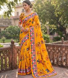 Mustard Color Printed And Latkan Work Silk Blend Saree