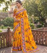 Mustard Color Printed And Latkan Work Silk Blend Saree