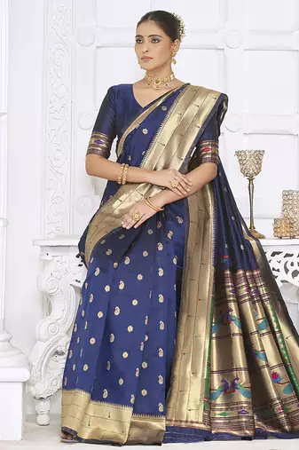 Navy blue paithani silk blend saree with gold zari border & peacock pallu