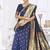 Navy blue paithani silk blend saree with gold zari border & peacock pallu