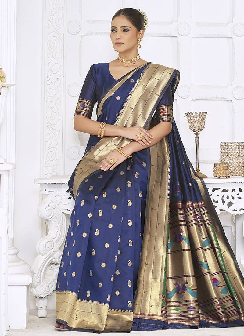 Navy blue paithani silk blend saree with gold zari border & peacock pallu