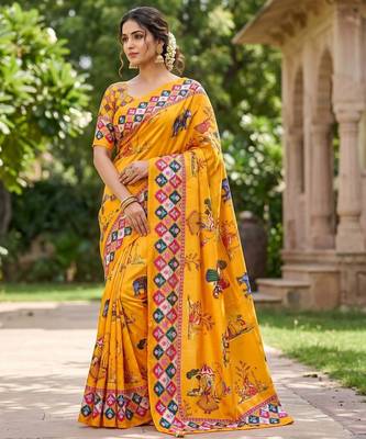 Mustard Color Printed And Latkan Work Silk Blend Saree 2
