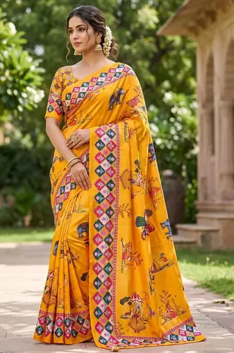 Mustard Color Printed And Latkan Work Silk Blend Saree