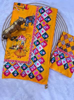 Mustard Color Printed And Latkan Work Silk Blend Saree 3