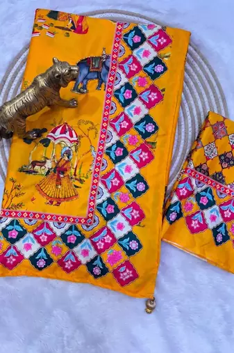 Mustard Color Printed And Latkan Work Silk Blend Saree