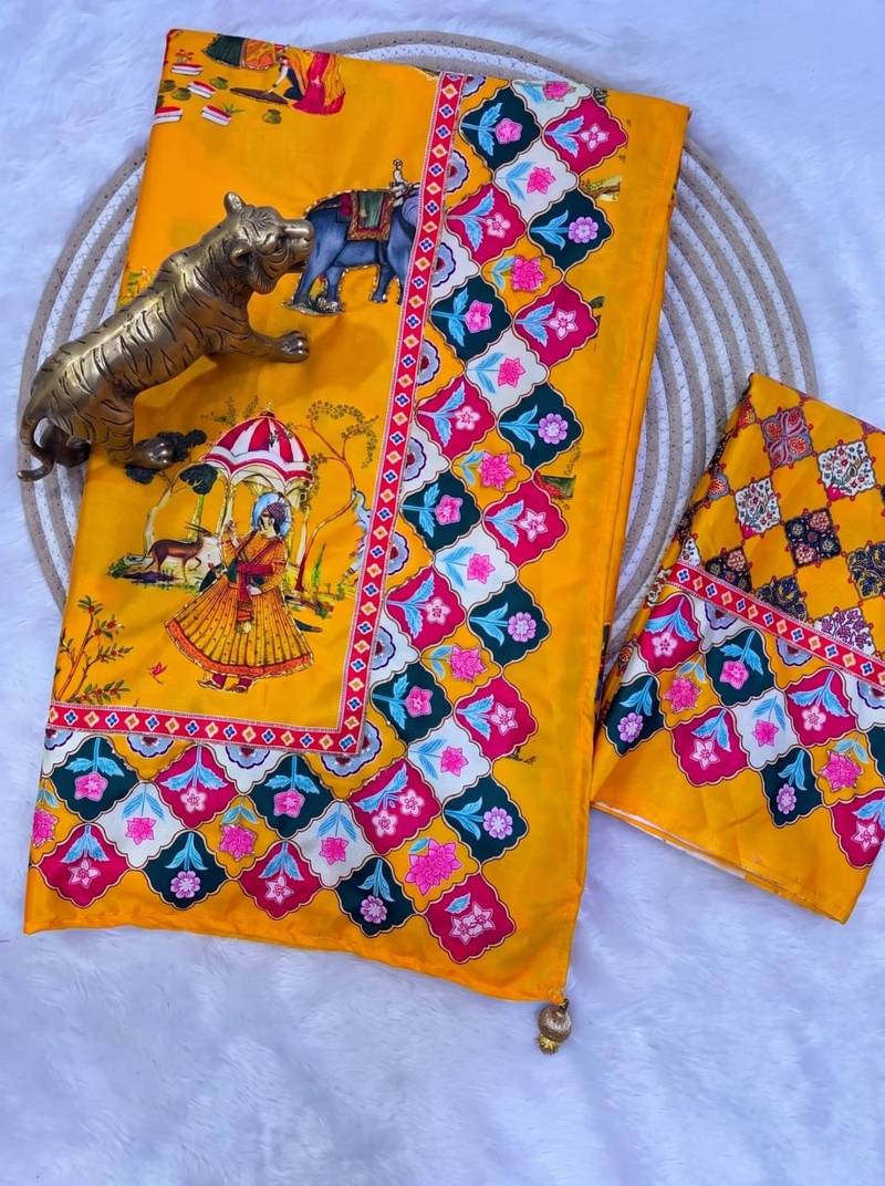 Mustard Color Printed And Latkan Work Silk Blend Saree