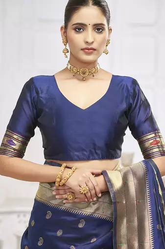 Navy blue paithani silk blend saree with gold zari border & peacock pallu