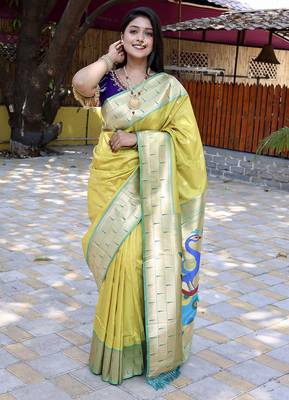 Lime yellow silk blend paithani saree with peacock pallu, golden zari border 1