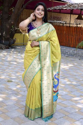 Lime yellow silk blend paithani saree with peacock pallu, golden zari border