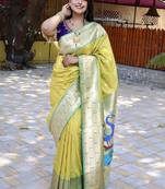 Lime yellow silk blend paithani saree with peacock pallu, golden zari border
