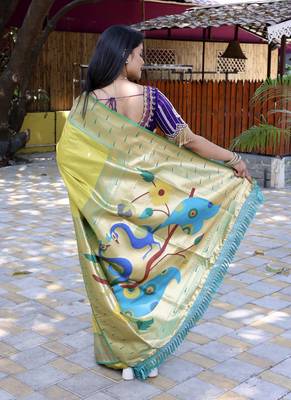 Lime yellow silk blend paithani saree with peacock pallu, golden zari border 2