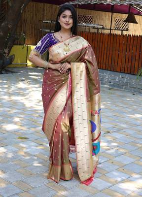 Coffee brown silk blend paithani saree with peacock pallu, golden zari border 1