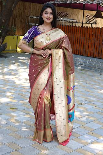 Coffee brown silk blend paithani saree with peacock pallu, golden zari border
