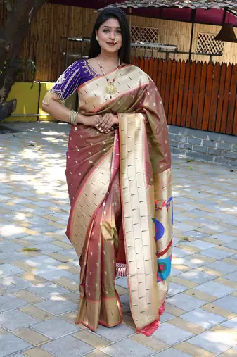 Coffee brown silk blend paithani saree with peacock pallu, golden zari border