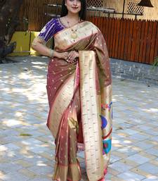 Coffee brown silk blend paithani saree with peacock pallu, golden zari border