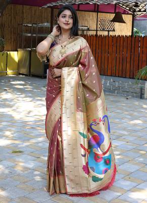 Coffee brown silk blend paithani saree with peacock pallu, golden zari border 2