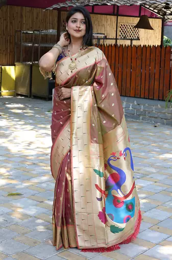 Coffee brown silk blend paithani saree with peacock pallu, golden zari border