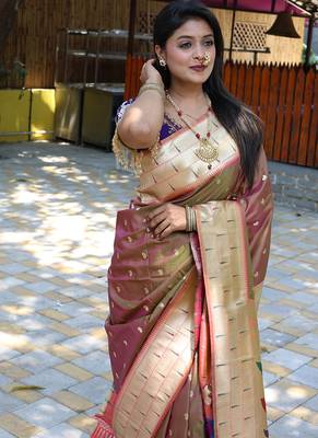 Coffee brown silk blend paithani saree with peacock pallu, golden zari border 3