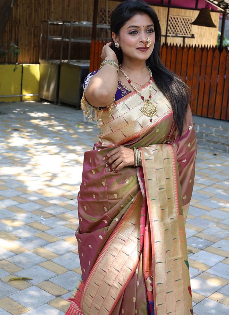 Coffee brown silk blend paithani saree with peacock pallu, golden zari border
