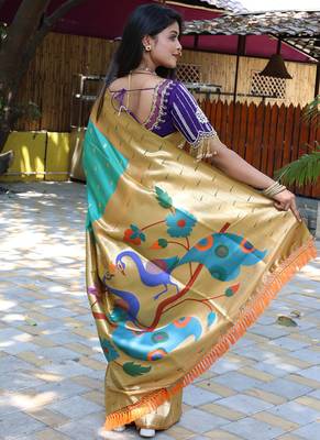 Aqua blue silk blend paithani saree with peacock pallu, golden zari border 2