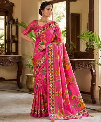Pink Color Printed And Latkan Work Silk Blend Saree 1