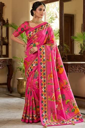 Pink Color Printed And Latkan Work Silk Blend Saree