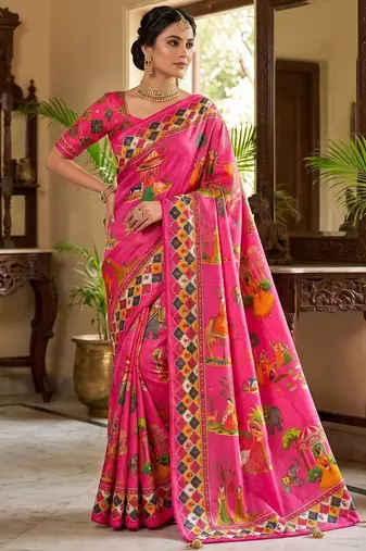 Pink Color Printed And Latkan Work Silk Blend Saree
