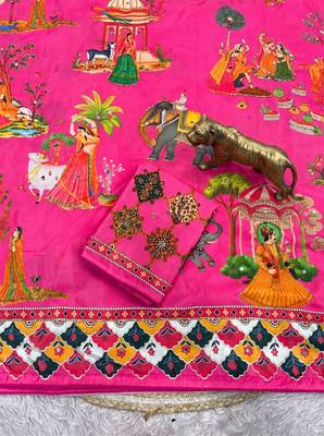 Pink Color Printed And Latkan Work Silk Blend Saree 2