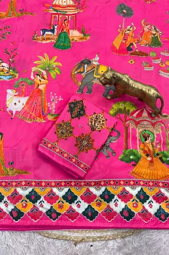 Pink Color Printed And Latkan Work Silk Blend Saree