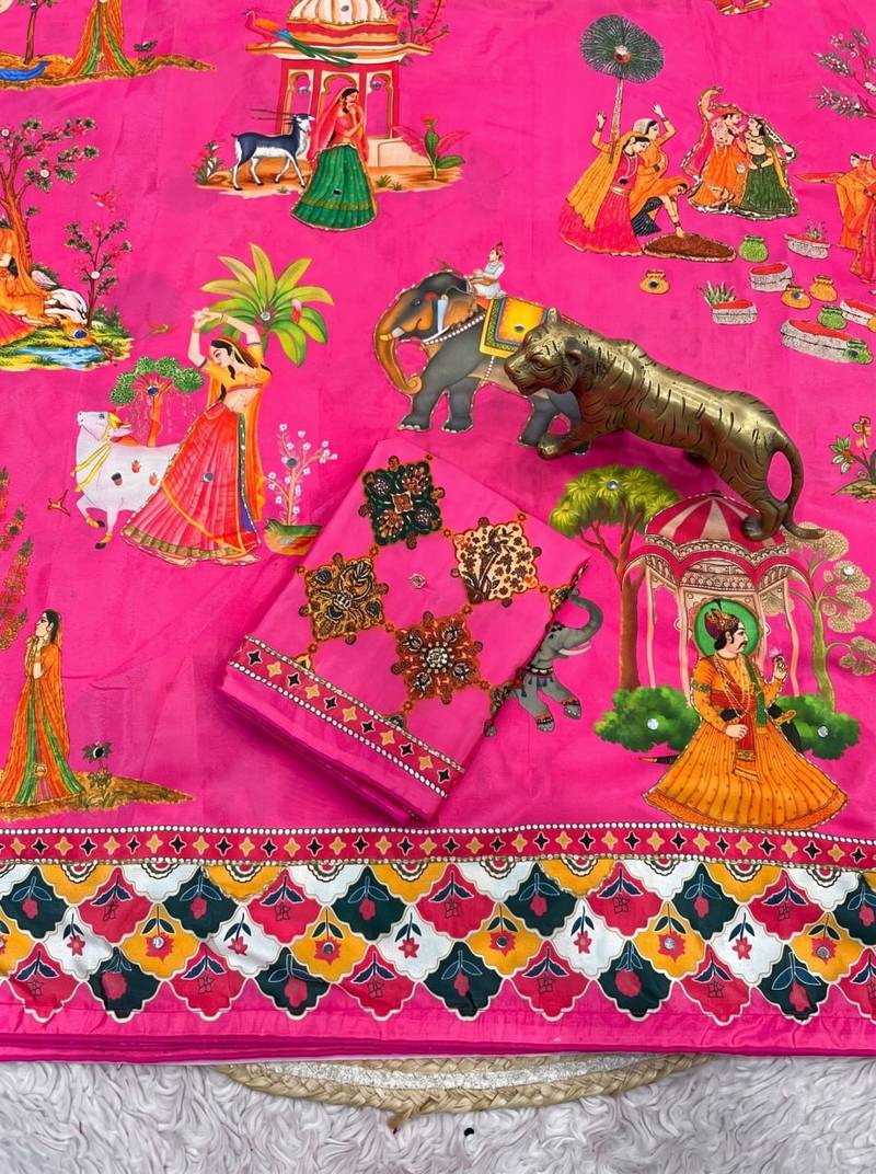 Pink Color Printed And Latkan Work Silk Blend Saree