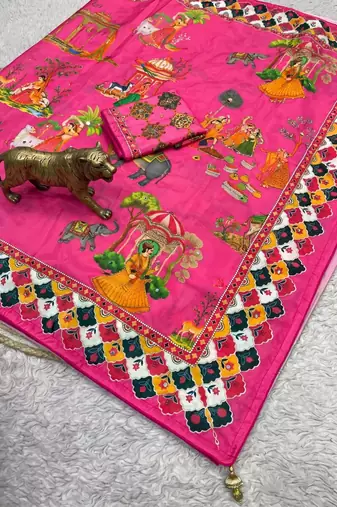 Pink Color Printed And Latkan Work Silk Blend Saree