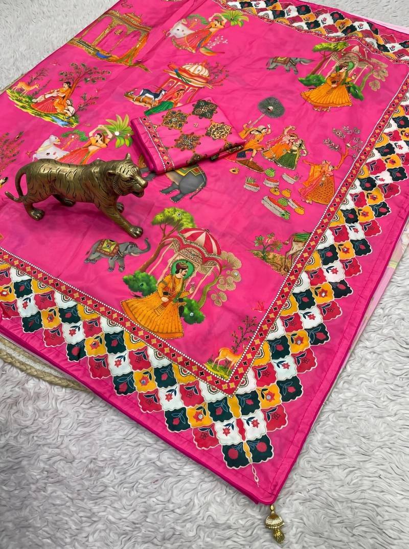 Pink Color Printed And Latkan Work Silk Blend Saree