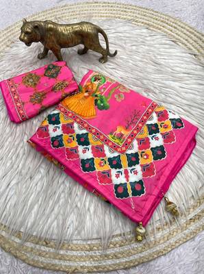 Pink Color Printed And Latkan Work Silk Blend Saree 4